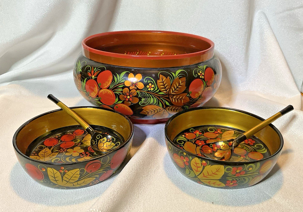 Vintage Russian Khokhloma Lacquer Wooden 8.5" Large Bowl Set 2 Bowls 2 Spoons